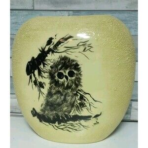 Vintage Handpainted Green Owl Vase Artist Signed Retro Kitsch 70's Cotta…